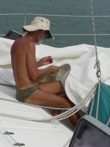 Jerry mends jib
